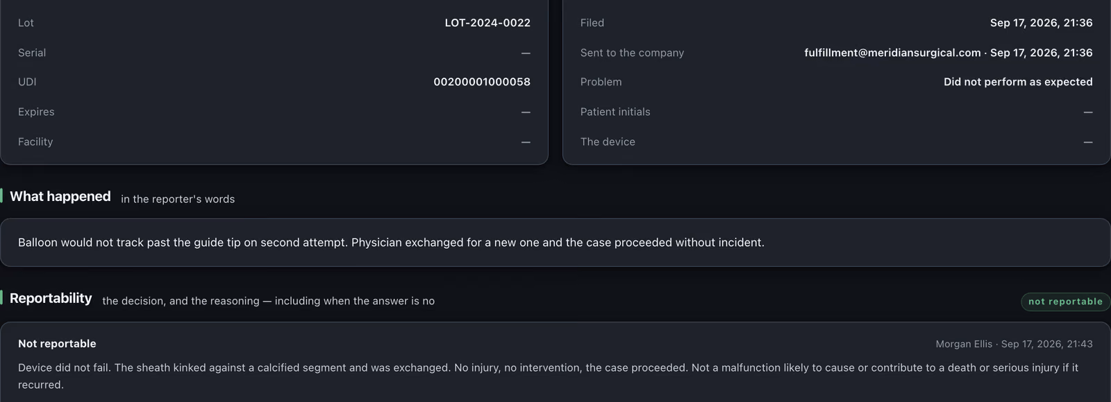 A CompliMED complaint record: the device with its lot, SKU and UDI; when the complaint was received, filed and sent to the company; the reporter's account of what happened; and a reportability determination of not reportable, with the name of the person who made it, the time, and their written reasoning.