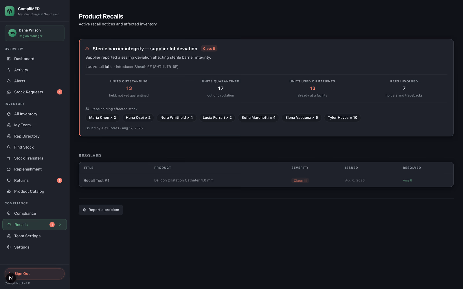 The CompliMED recall view, listing active recall notices with the affected product, severity classification and the number of units affected across the field.